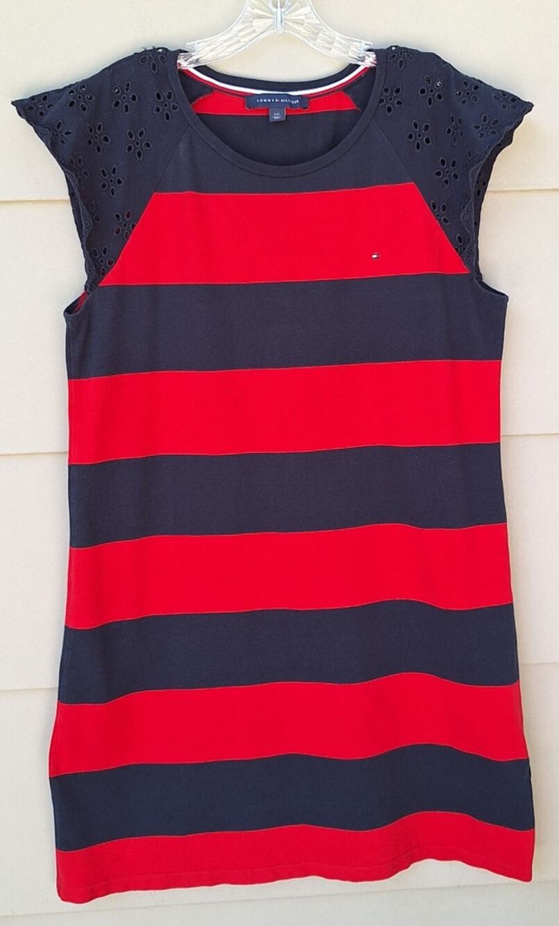 Tommy Hilfiger Cotton blend Striped Navy Blue Red Rugby Dress Eyelet Sleeves L